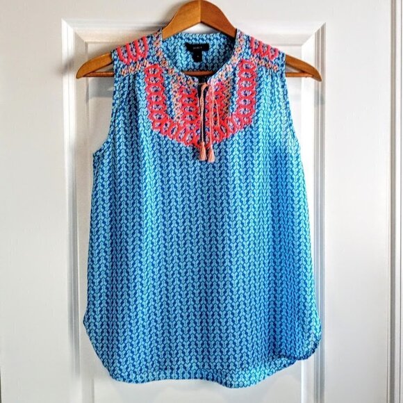 J. Crew Blue Embroidered Cotton Silk Sleeveless Top - Picture 1 of 4
